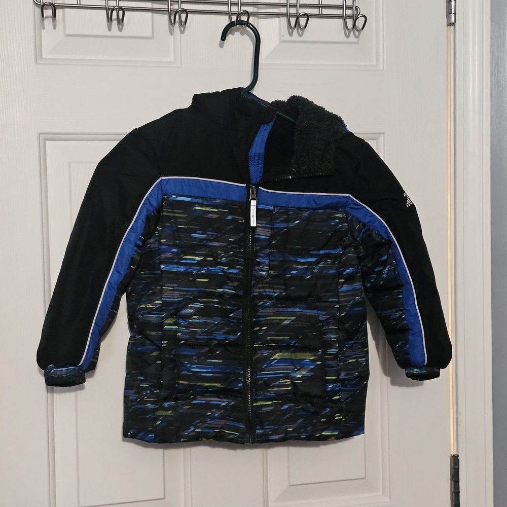 Black and Blue Puffer Jacket with Hood